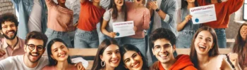 DALL·E 2025-02-27 11.13.25 - A group of diverse students celebrating their success after passing the LanguageCert C1 exam. They are holding certificates, smiling, and cheering in LanguageCert C1 exam in Madrid